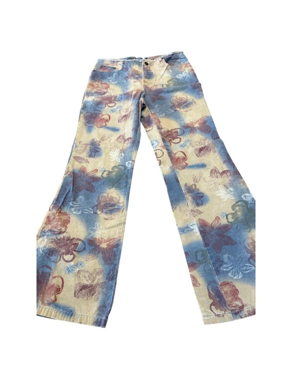 Periscope Floral Print Wide Leg Jeans Size 7 Vintage PS-3983 Blue Tan Cotton